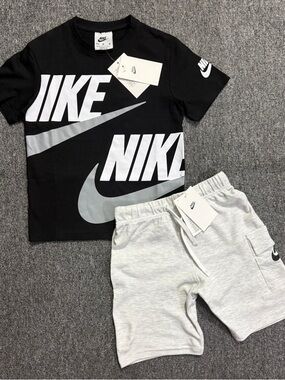 Nike Black Tee with Light Gray Swoosh & Light Gray Shorts Set